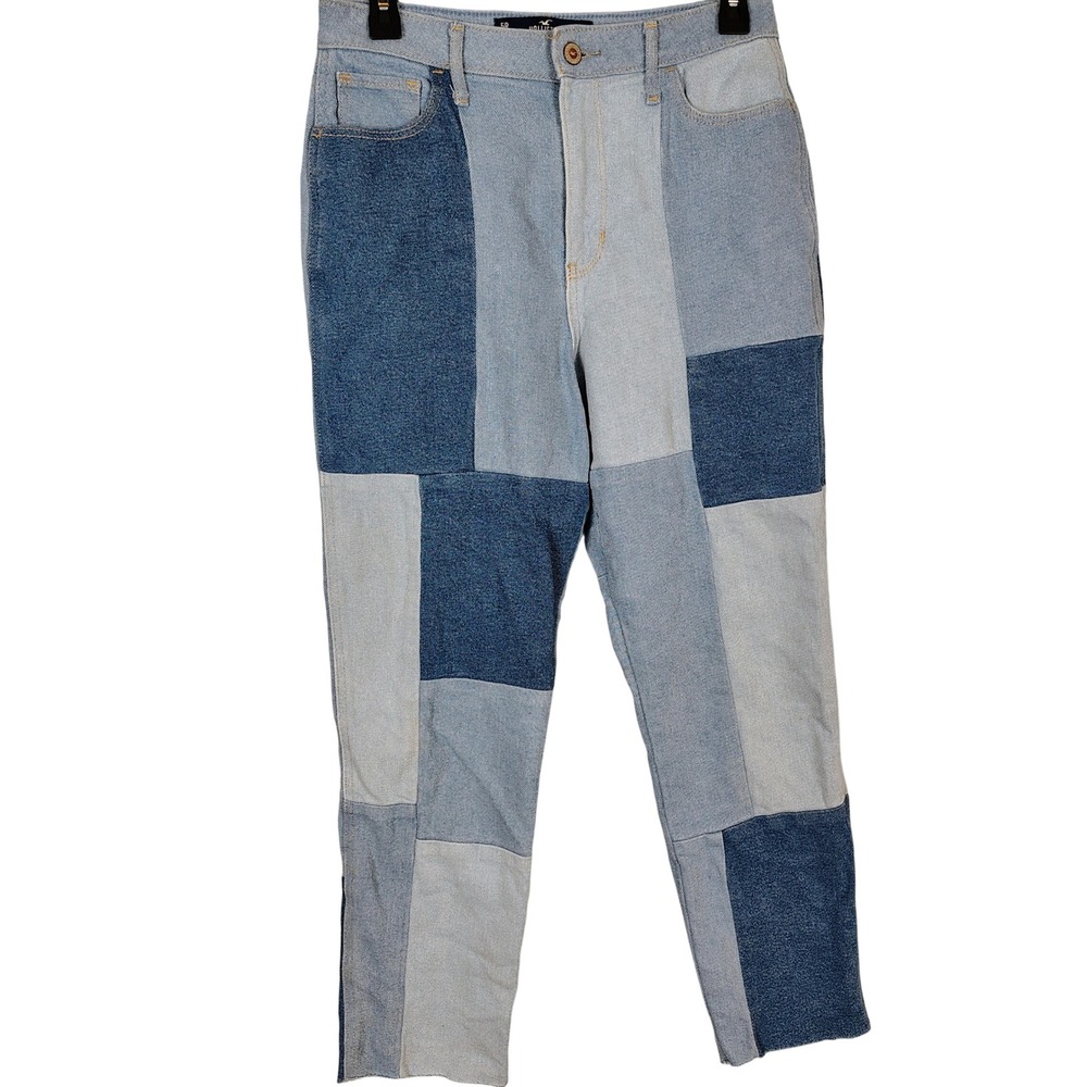 Hollister Ultra High-Rise Mom Jeans Patchwork Blue‎ Denim 5R W27 L27 Raw Hem